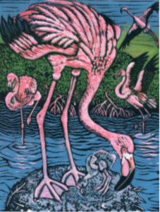 Four flamingos standing in and near the ocean with mangroves in the background.